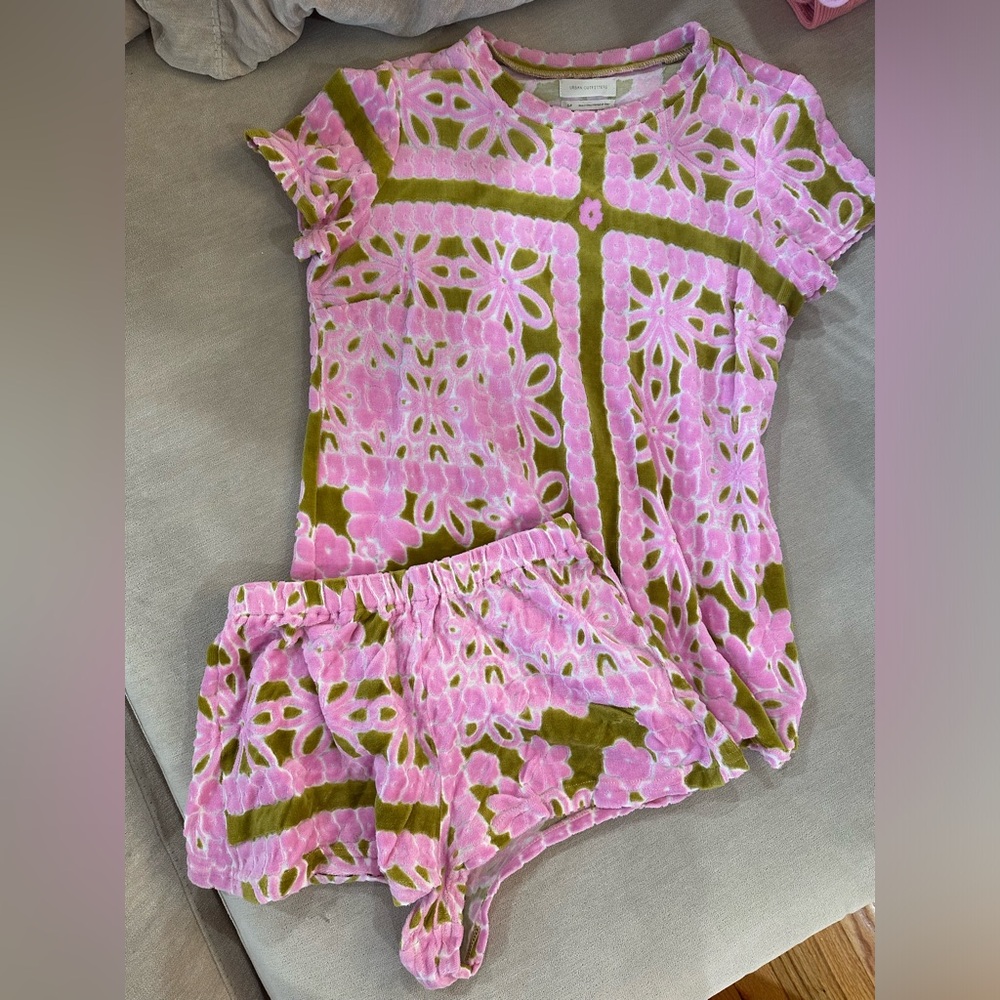 Pink and Green Patterned Top and Shorts Set